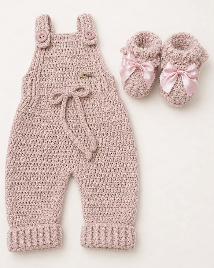 Macacão de bebê em crochê rosa-antigo com sapatinhos de laço de cetim